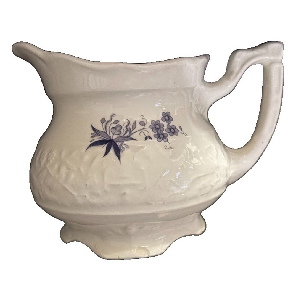 Vtg White embossed Porcelain Creamer Blue Floral Unmarked Farmhouse Cottage